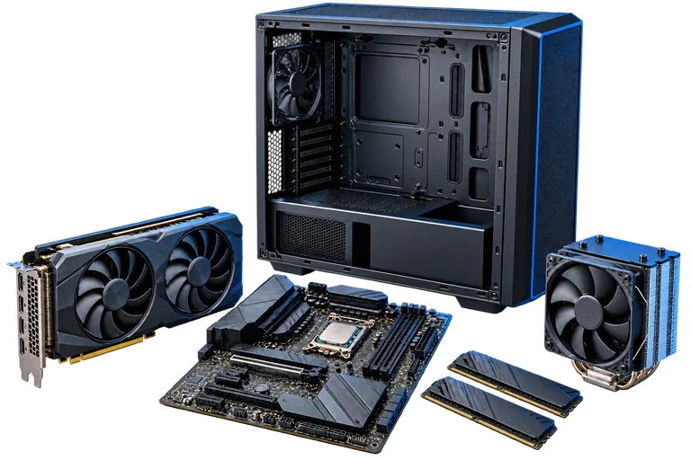 Ilustración de una PC desmontada: gabinete, placa con procesador instalado, gráfica, memoria RAM y disipador separados.